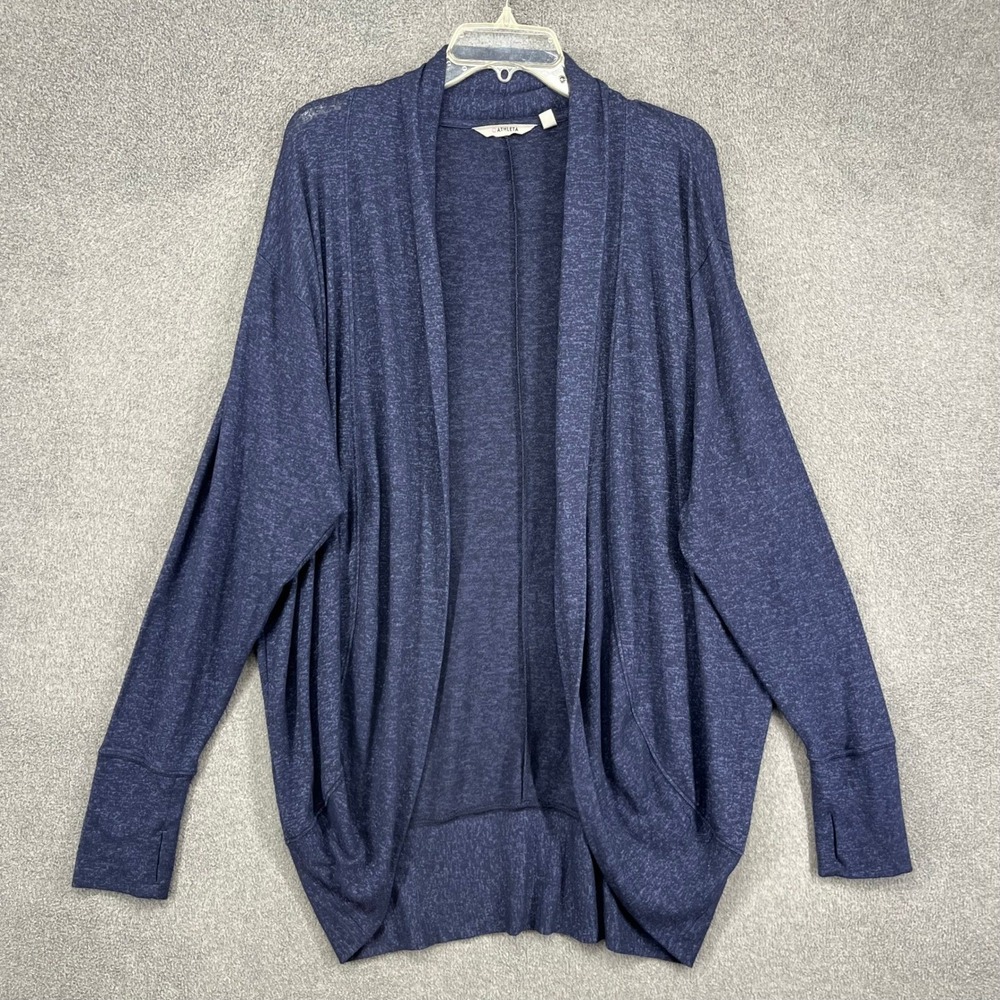 Athleta Pranayama Wrap Cardigan Women L Blue Heathered Open Front Thumbhole Yoga